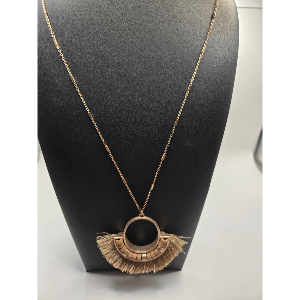Rose Gold Tone Boho Fringe Tassel Necklace with Wood Beads and Bar Link Chain